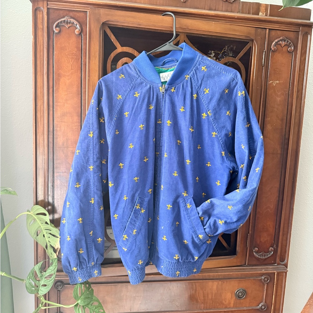 Vintage pinecone sport corduroy Blue Bomber Jacket with Yellow Accents